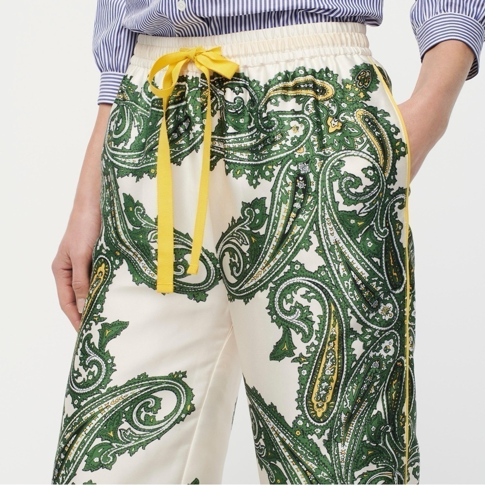 J. Crew Green Paisley Print Wide-Leg Pants with Yellow Drawstring - Picture 7 of 8